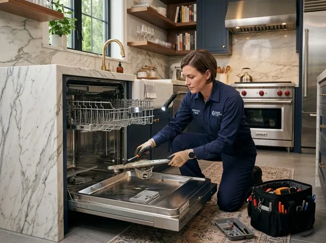 Appliance Repair Hero technician servicing a built-in dishwasher in a Bessemer, AL kitchen