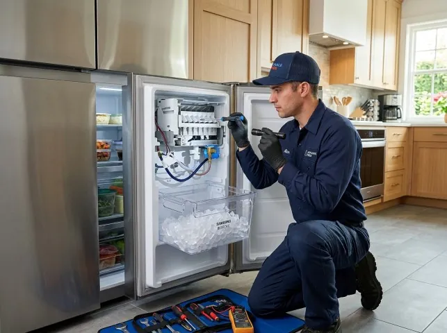Appliance Repair Hero technician repairing a refrigerator ice maker in Bessemer, AL