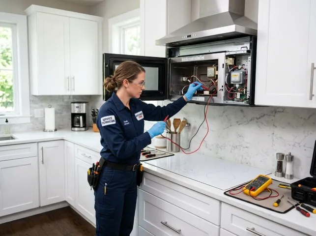 Appliance Repair Hero technician testing an over-the-range microwave in a Bessemer, AL kitchen