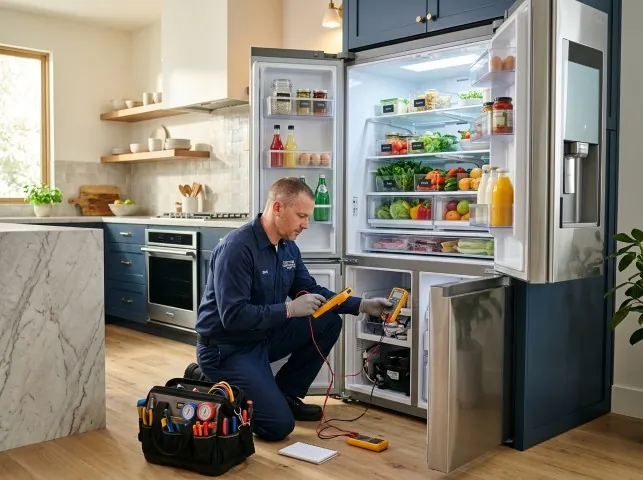 Appliance Repair Hero refrigerator technician testing a fridge on a Bessemer, AL service call